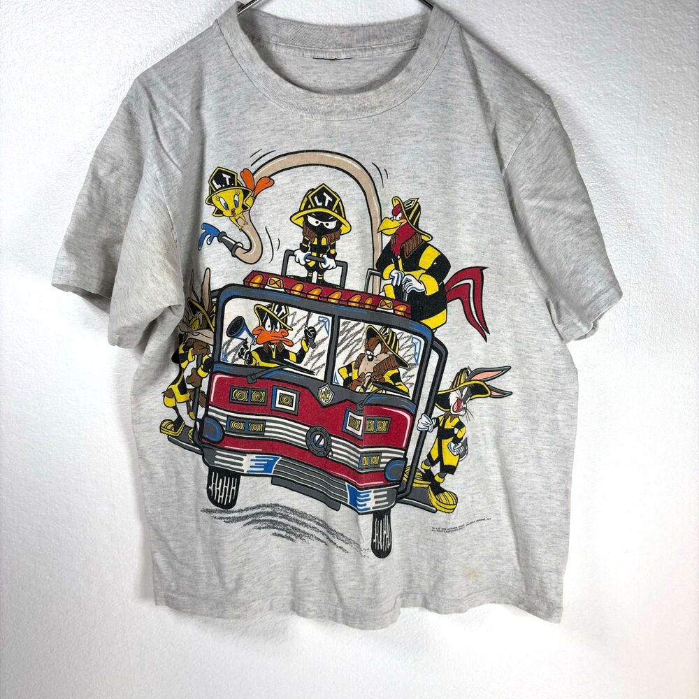 Vintage 1994 Looney Tunes Firefighter Gray T-Shirt Mens Warner Bros